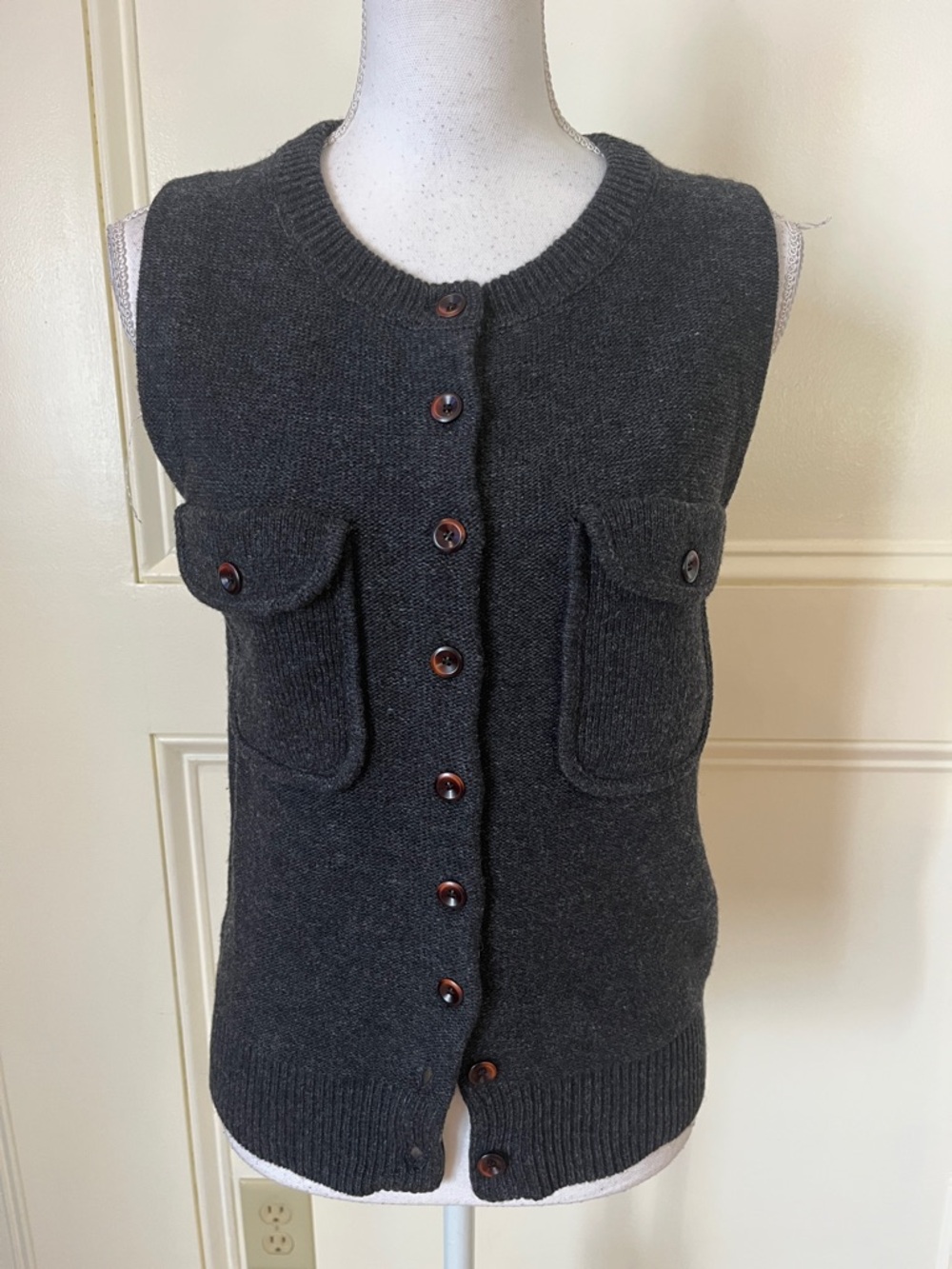 Women's Wool Charcoal Button-Front Knit Vest with Patch Pockets